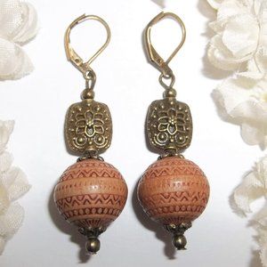 Brown Boho Statement Earrings Wood Beaded Dangle Jewelry Gift Idea For Her 6813